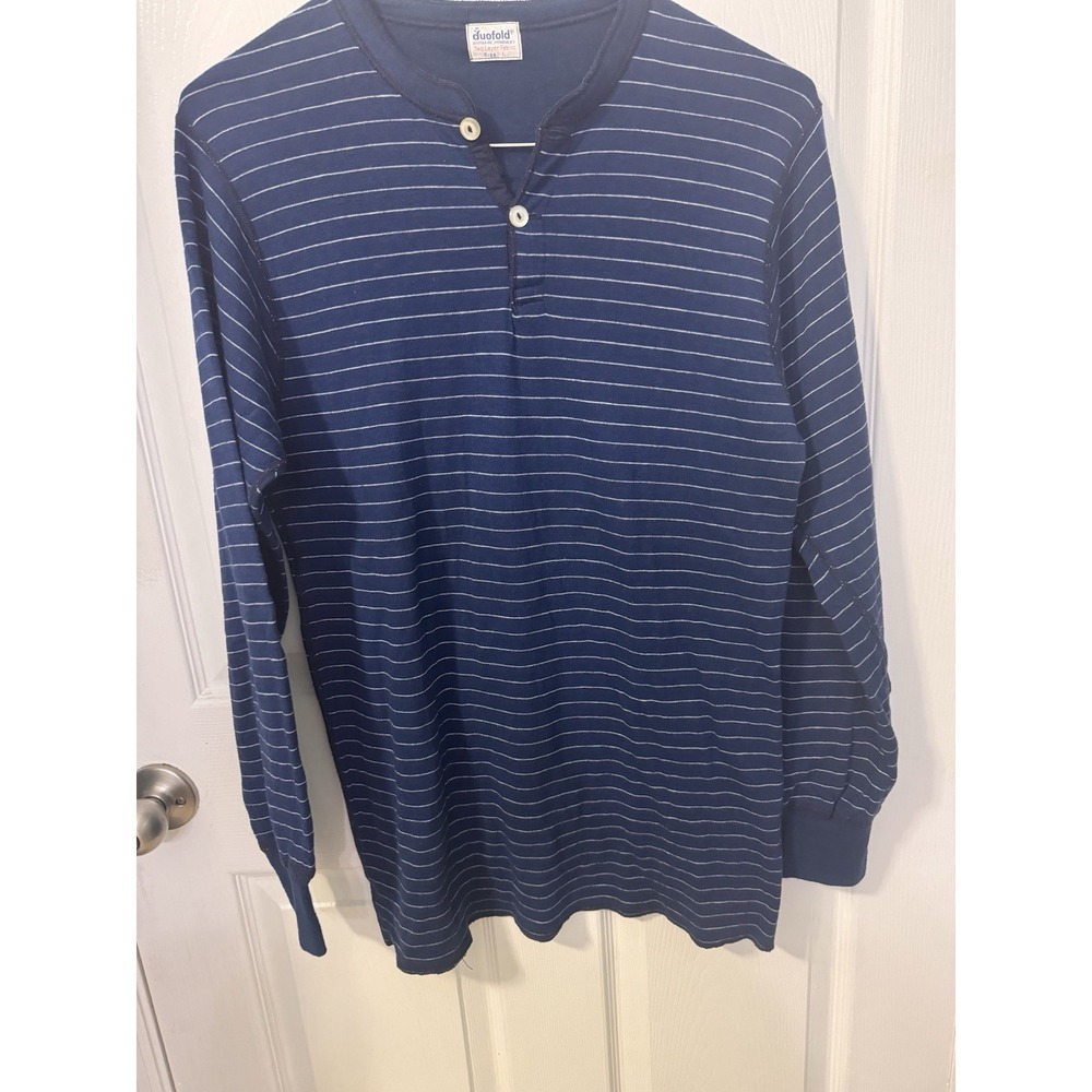 Vintage Duofold Henley Thermal Shirt Men's L Blue Striped Wool Blend Long Sleeve
